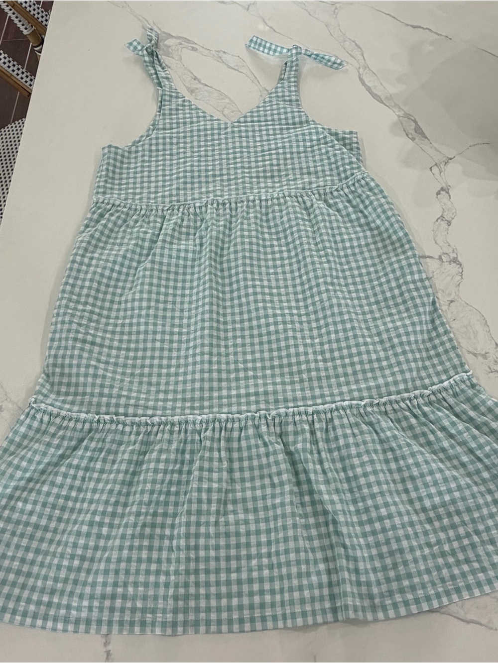 Vineyard Vines Girls Gingham Harbor Tie Shoulder Tiered Dress Juliette Aqua L 14